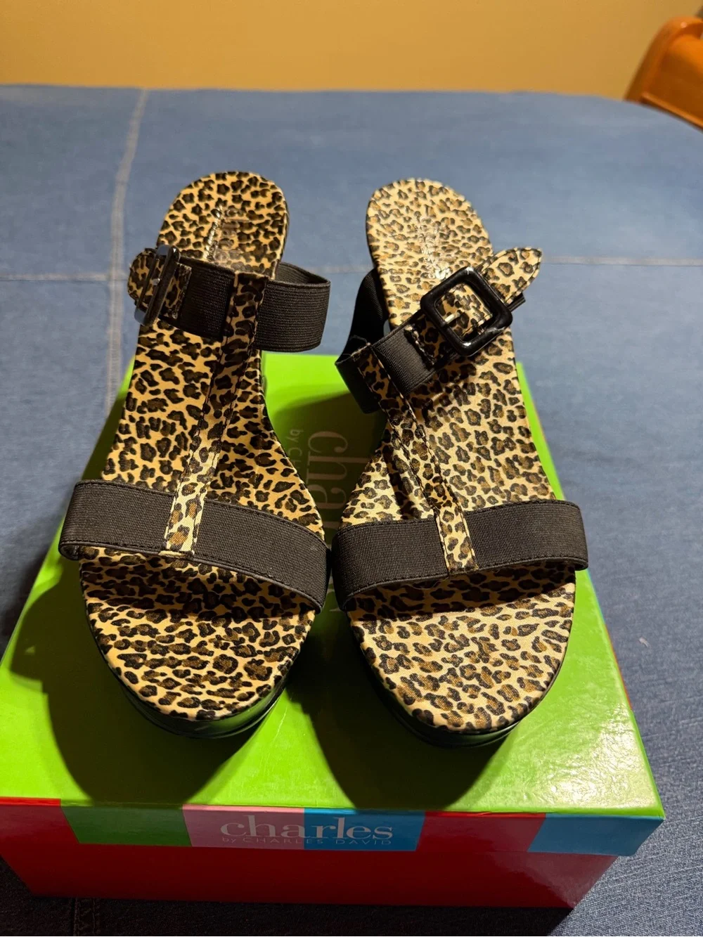 Charles David Black Wedge Sandals with Leopard Insole